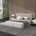 Elegant Double Bed With Upholstered Headboard Mattress Wooden Wall And Green Plant
