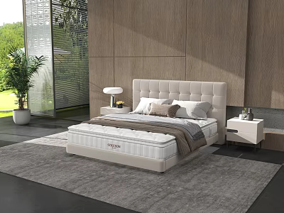 Elegant Double Bed With Upholstered Headboard Mattress Wooden Wall And Green Plant 3d model