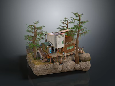 Miniature Scene With Model House Trees Rocks And Mixed Material Structure On Rock Base 3d model