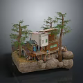 Miniature Scene With Model House Trees Rocks And Mixed Material Structure On Rock Base