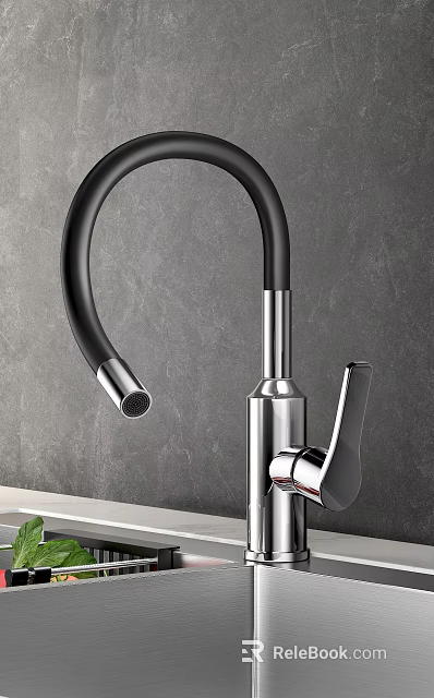Modern Pull Down Kitchen Faucet With Black Flexible Hose Chrome Finish And Gray Wall Background 3d model 