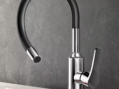 Modern Pull Down Kitchen Faucet With Black Flexible Hose Chrome Finish And Gray Wall Background 3d model