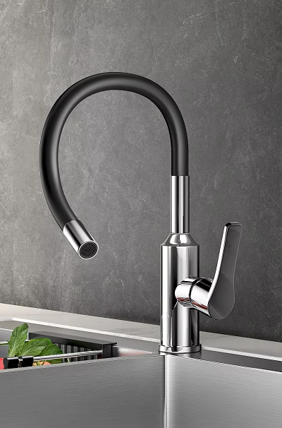 Modern Pull Down Kitchen Faucet With Black Flexible Hose Chrome Finish And Gray Wall Background 3d model