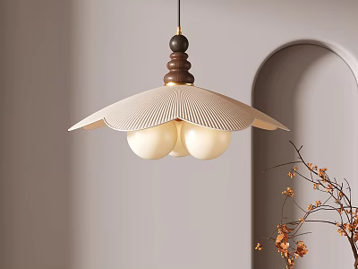 Beige Pleated Chandelier Design With White Globes Dark Brown Finial In Arched Interior Space 3d model