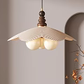 Beige Pleated Chandelier Design With White Globes Dark Brown Finial In Arched Interior Space
