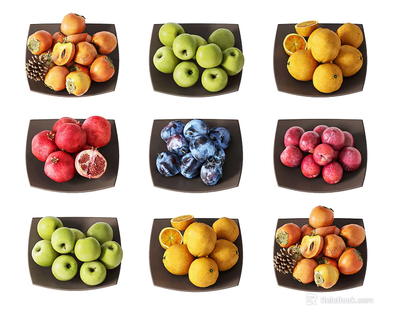 Assorted Fresh Fruits In Multiple Plates Display With Various Types And Colors 3d model 