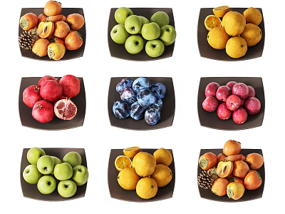Assorted Fresh Fruits In Multiple Plates Display With Various Types And Colors 3d model