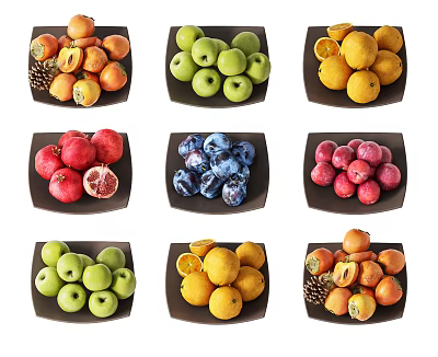 Assorted Fresh Fruits In Multiple Plates Display With Various Types And Colors 3d model
