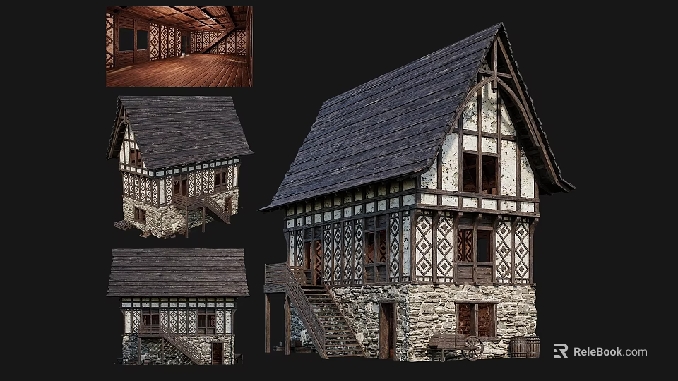 Traditional Ancient Building With Wooden Frame Stone Walls Tiled Roof And Carved Details 3d model 