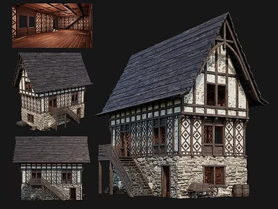 Traditional Ancient Building With Wooden Frame Stone Walls Tiled Roof And Carved Details 3d model