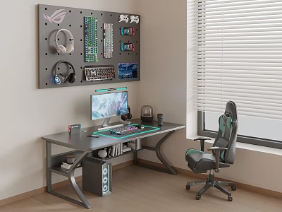 Gaming Computer Workstation With ROG Pegboard Headphones Keyboard Mouse Monitor And Gaming Chair 3d model