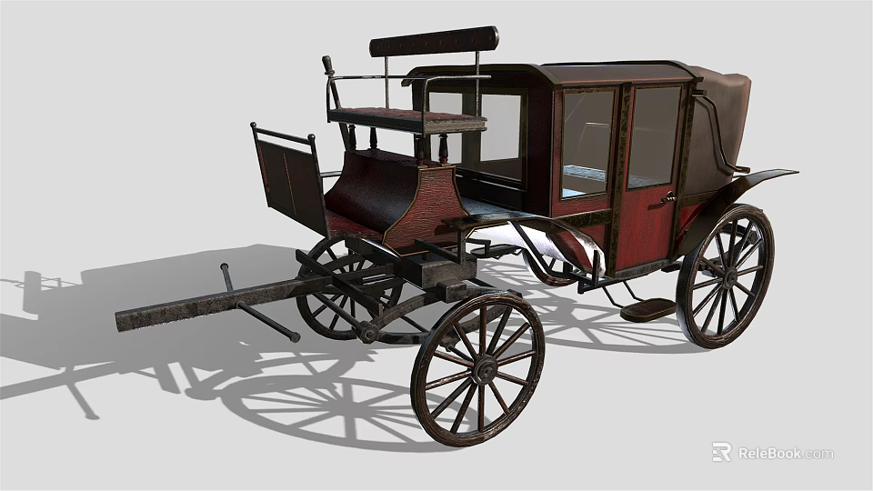 Antique Horse Carriage With Dark Red Body Black Spoked Wheels And Wooden Seats 3d model 
