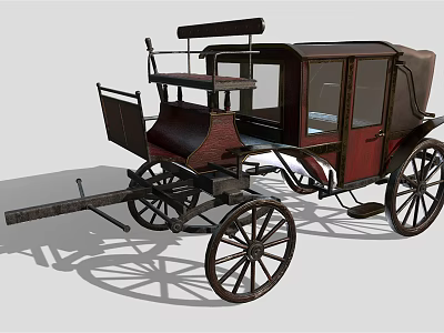 Antique Horse Carriage With Dark Red Body Black Spoked Wheels And Wooden Seats 3d model