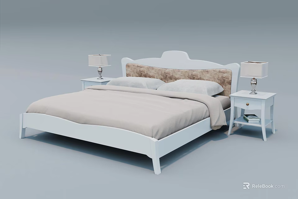 White Double Bed with Upholstered Headboard Beige Bedspread and Table Lamps on Nightstands 3d model 