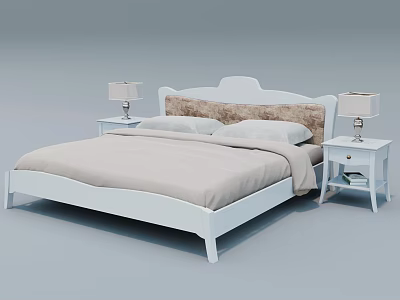 White Double Bed with Upholstered Headboard Beige Bedspread and Table Lamps on Nightstands 3d model