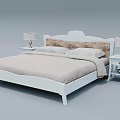White Double Bed with Upholstered Headboard Beige Bedspread and Table Lamps on Nightstands