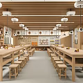School Dining Hall with Long Wooden Tables Benches Hanging Lights and Wall Murals