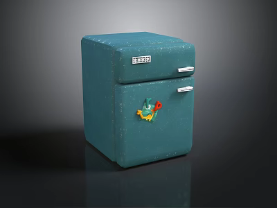 Vintage Blue Square Small Refrigerator With Decorative Sticker White Handles And Label 3d model
