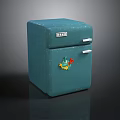 Vintage Blue Square Small Refrigerator With Decorative Sticker White Handles And Label