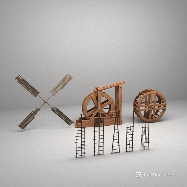 Wooden Mechanical Structures With Windmill Blades Water Wheel Small Wheel Ladders And Metal Frames 3d model 