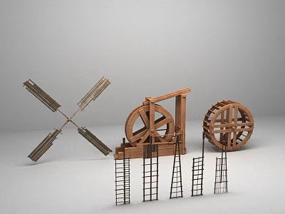 Wooden Mechanical Structures With Windmill Blades Water Wheel Small Wheel Ladders And Metal Frames 3d model