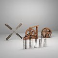 Wooden Mechanical Structures With Windmill Blades Water Wheel Small Wheel Ladders And Metal Frames