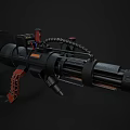 Futuristic Tactical Weapon With Multiple Barrels Red Accents And Mechanical Design