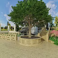 Serene Garden Landscape Featuring Rock Waterfall Stone Fence With Lush Trees Flowers And Stairs