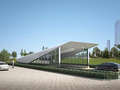 Modern Urban Road Infrastructure with White Canopy Glass Structure Greenery And Traffic Signage 3d model