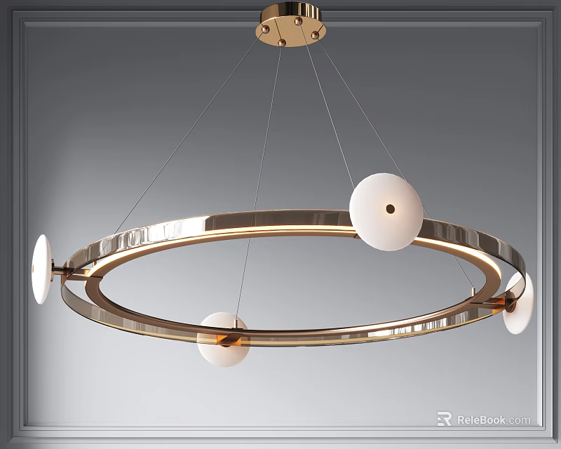 Modern Circular Chandelier With Brushed Brass Frame And White Spherical Lights 3d model