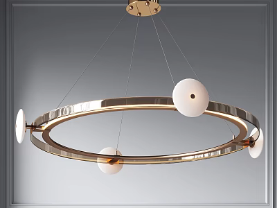 Modern Circular Chandelier With Brushed Brass Frame And White Spherical Lights 3d model