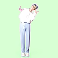 Photo Taking Spot With Light Green Background Posing Figure In White Top Light Blue Pants