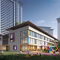 Modern School Building With Colorful Windows Green Lawn And Children Playground Near Tall Buildings