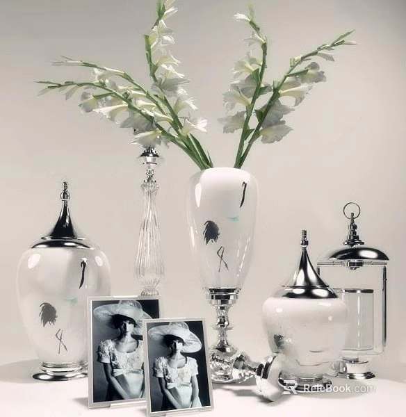 Elegant White Vase With White Gladiolus Flowers And Silver Decorative Jars Photo Frames 3d model 