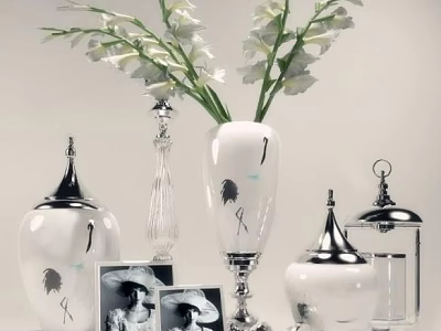 Elegant White Vase With White Gladiolus Flowers And Silver Decorative Jars Photo Frames 3d model