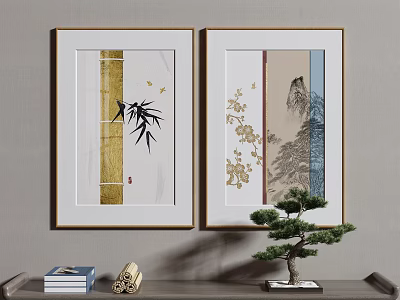 Traditional Chinese Decorative Paintings With Bamboo Plum Blossom And Potted Pine On Wall 3d model