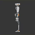 Silver Orange Robot Game Movie Character With Detailed Mechanical Design Standing Pose Shiny Metallic Surface