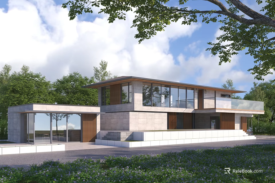 Modern Homestay Building Featuring Large Glass Windows Concrete Walls And Lush Green Surroundings 3d model 