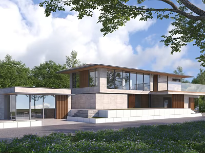 Modern Homestay Building Featuring Large Glass Windows Concrete Walls And Lush Green Surroundings 3d model