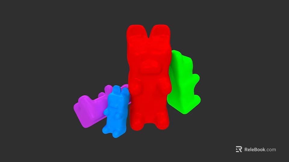 Colorful 3D Gummy Bears In Red Green Blue Purple On Black Background 3d model 