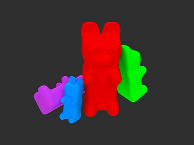 Colorful 3D Gummy Bears In Red Green Blue Purple On Black Background 3d model