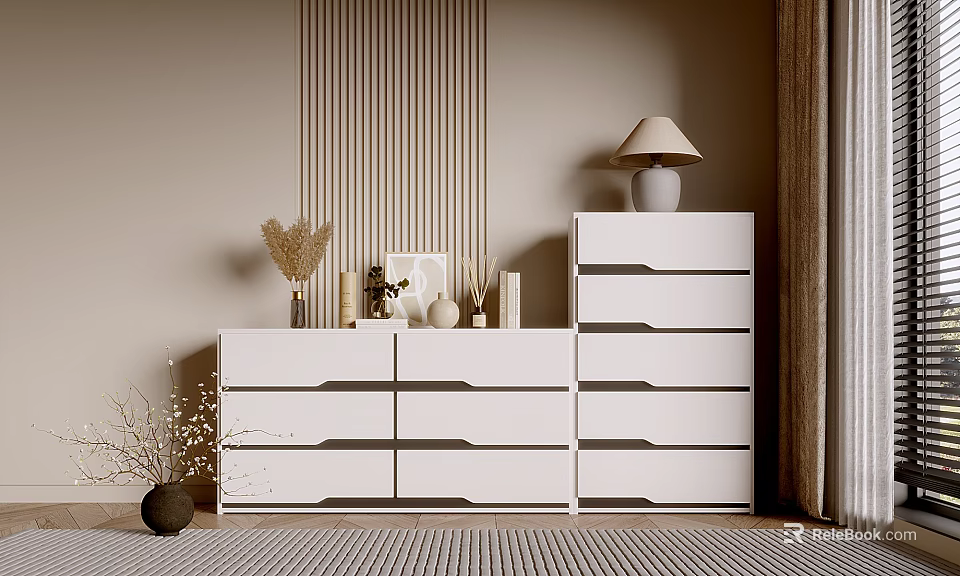 Modern White Console and Side Cabinet Interior with Decorative Vases Lamp and Storage Drawers 3d model 