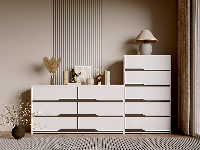 Modern White Console and Side Cabinet Interior with Decorative Vases Lamp and Storage Drawers 3d model