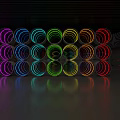 Circular Mirrors Surrounded by Colorful Neon Lights Neatly Arranged with Black Background and Reflections