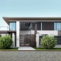 Modern Detached Villa Featuring Large Glass Windows Gray Exterior Walls Balcony and Green Garden