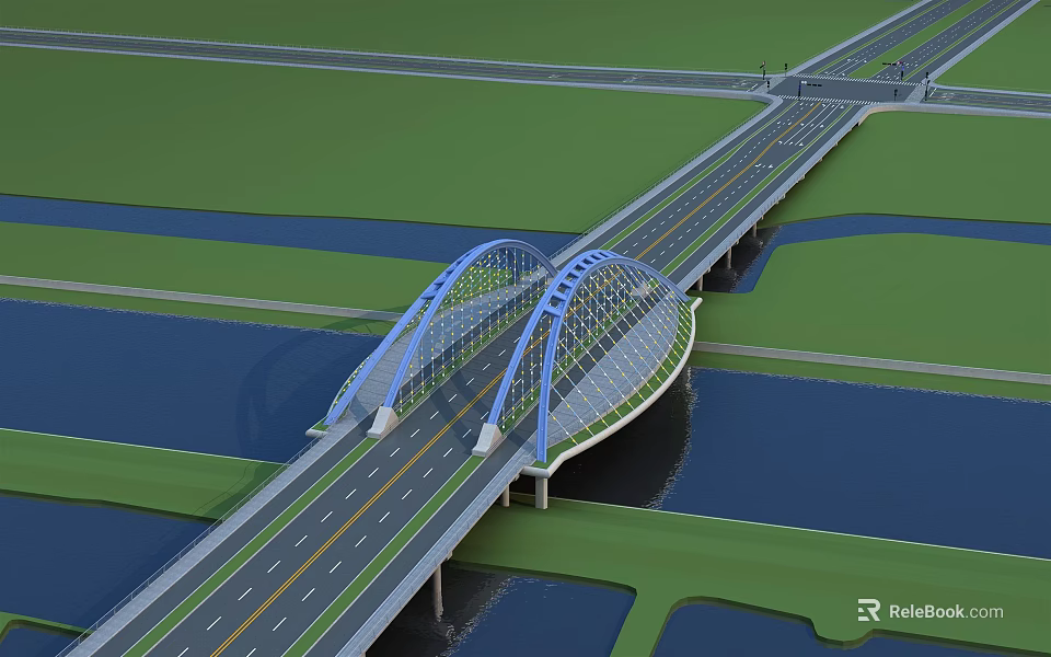 Modern Arch Bridge Structure Over River With Green Landscape And Road Links 3d model 