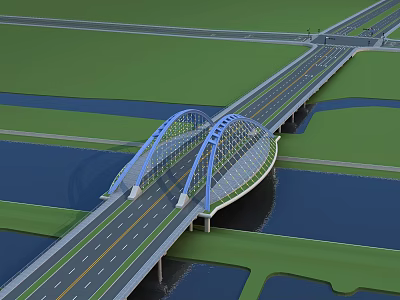 Modern Arch Bridge Structure Over River With Green Landscape And Road Links 3d model