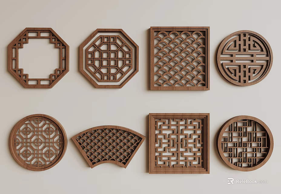 Traditional Decorative Carved Wooden Lattice Windows In Various Shapes And Patterns 3d model 