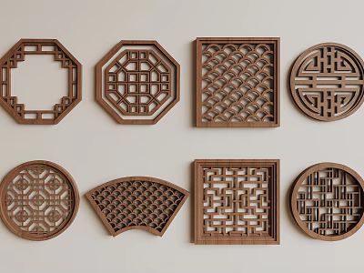 Traditional Decorative Carved Wooden Lattice Windows In Various Shapes And Patterns 3d model