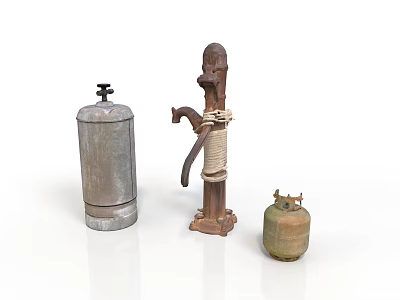 Vintage Metal Items With Rusty Pump Silver Canister And Green Gas Cylinder 3d model